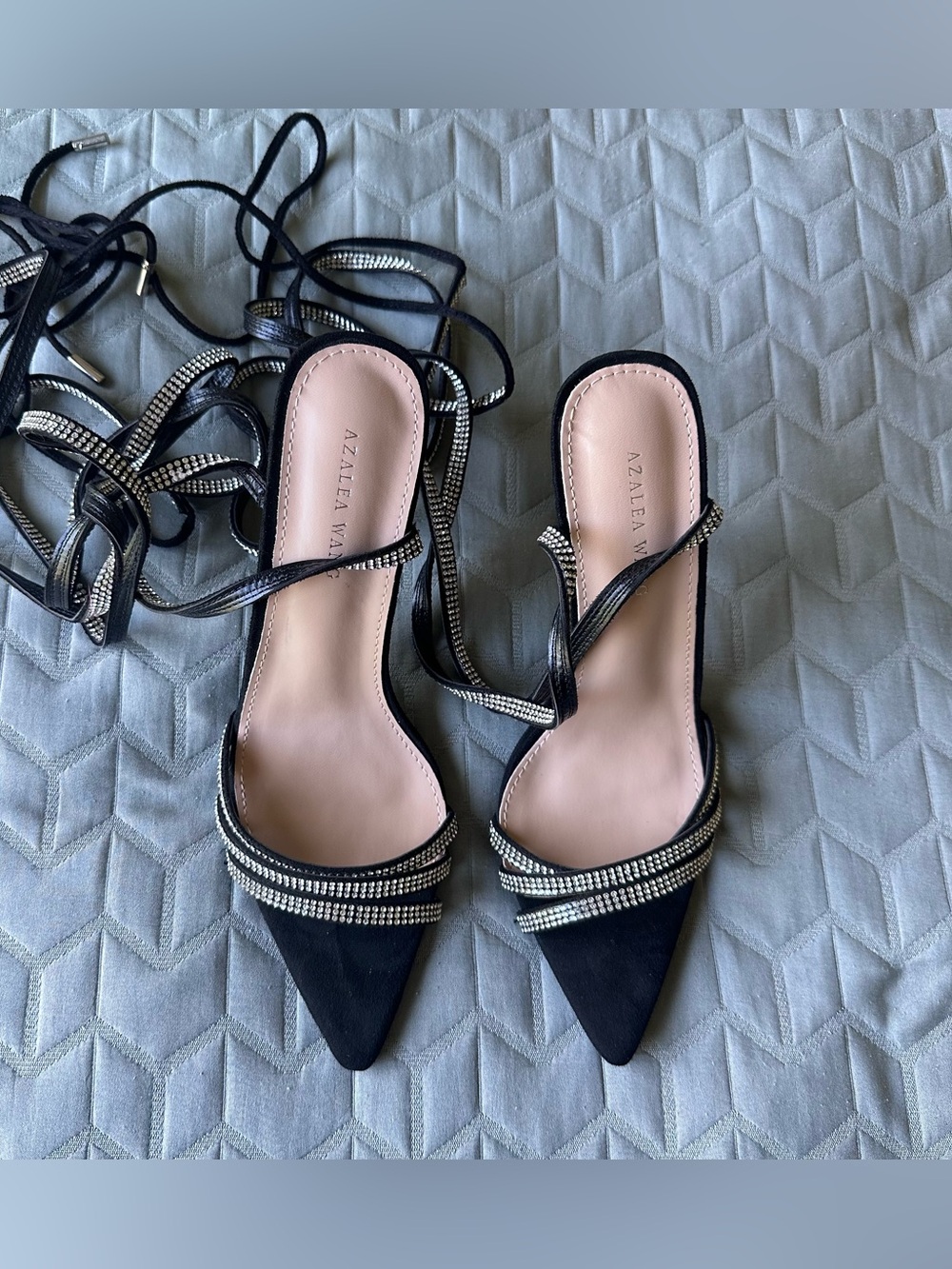 Azalea Wang Black Rhinestone Lace-Up Pointed Heels